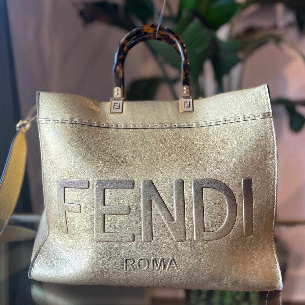 FENDI Sunshine Medium Gold Leather Shopper Tote Bag